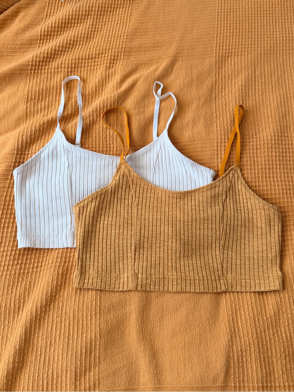 aerie Ribbed Spaghetti Strap Crop Camisoles - White & Mustard